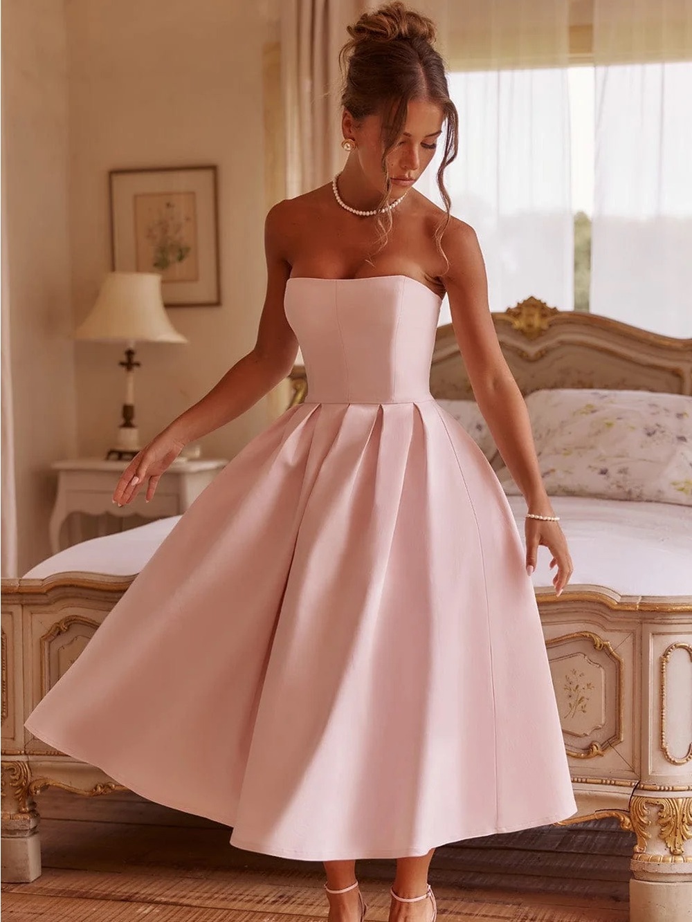 Edith Strapless Blush Pink Midi Dress